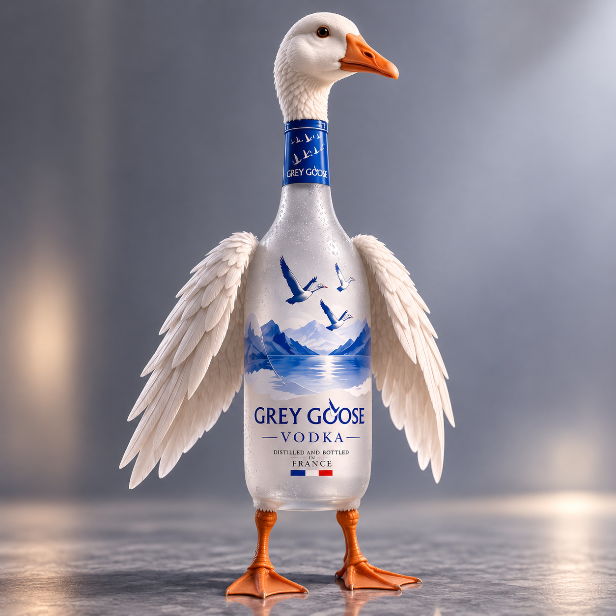 Drunken Goose mascot: a white goose with wings and feet, shaped like a frosted vodka bottle